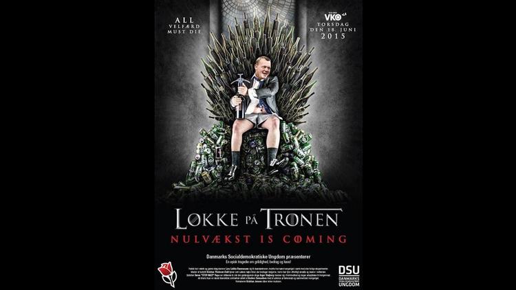 TRONEN. 'Løkke på Tronen', hedder DSU's nye valgplakat, der viser Venstres formand Lars Løkke, der sidder i underbukser og dyre sko på en trone af tomme øldåser og vinflasker. 