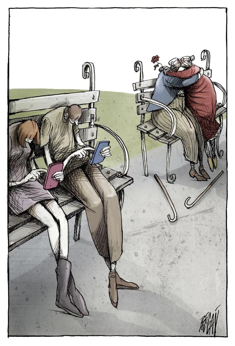 VERDENSMESTER. Cubanskmexicanske Angel Boligáns tegning af et kyssende ældre par og et yngre par, der kun er optaget af deres smartphones, blev for nylig kåret til verdens bedste satiretegning. Pr-foto 