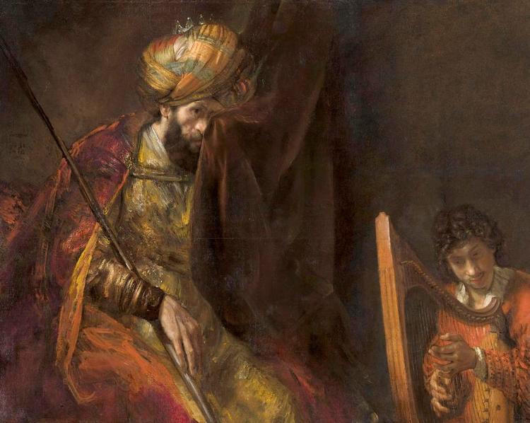 Bibelsk. Maleriet med det bibelske motiv af kong Saul, der tørrer en tåre væk med et gardin, mens den knælende David spiller harpe, hænger på kunstmuseet Mauritshuis i Haag i Holland. 