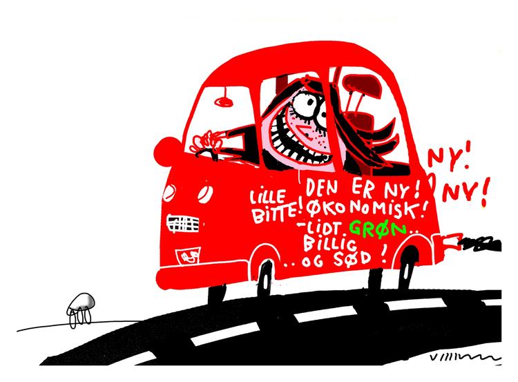 Bilboom. Omlægningen af afgifterne har fået salget af små økonomibiler til at eksplodere. Tegning: Jørn Villumsen 