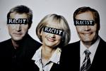 FEJLMÅLING. Når de 20-25 pct. af vælgerne, der støtter Dansk Folkeparti, beskyldes for racisme og kaldes svinehunde, så får det mange til at skjule deres stemme til partiet, konstaterer direktøren for Megafon. Her er en af partiets plakater udstyret med klistermærker fra dets modstandere. 
