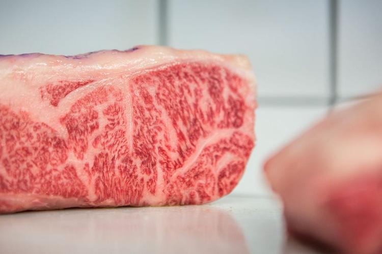 Fedt. Det er det intramuskulære fedt, som gør Kobe-kødet så berømt. Det er helt hvidt, lugter ikke, og så har det en meget lav smelte temperatur, som viser sig ved at fedtet løber, når man presser en tommeltot mod det. 
