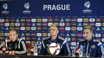 Fodbold. Landstræner Jess Thorup, Frederik Sørensen og Nicolai Brock-Madsen på pressemødet. I aften med det danske U21-landhold Sverige. 