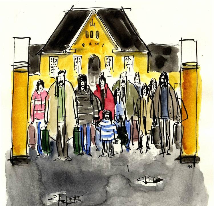Nytilkomne. Starthjælpen vil få store konsekvenser for de svageste og yderligere afskærme dem fra det omkringliggende samfund. Tegning: Mette Dreyer 
