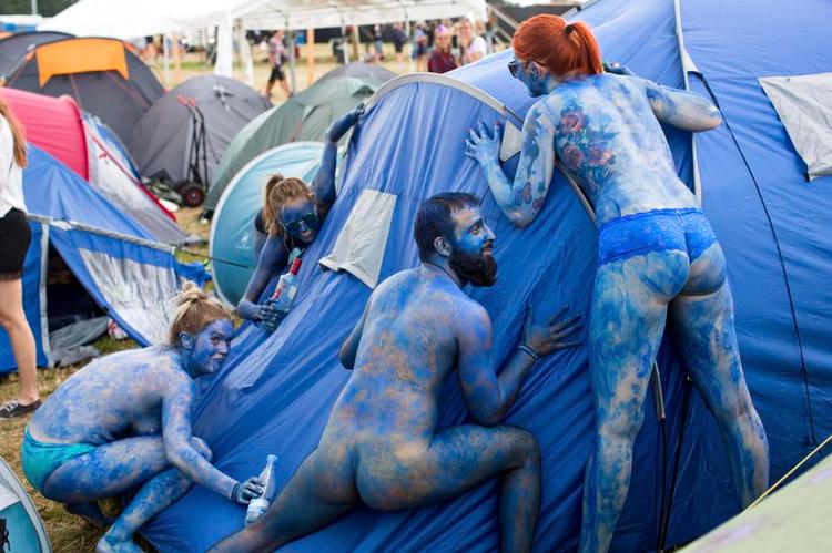 Galskab. Fire nordmænd fordriver ventetiden, til musikken spiller på de store scener, med at male sig blå, drikke vodka og gemme sig mellem blå teltduge i festivalens kaotiske teltlejre. 
