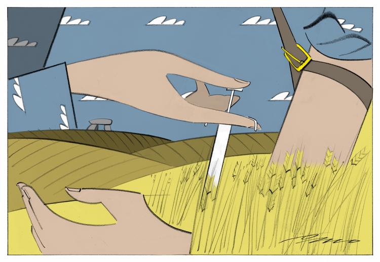 Gæld. Højbjerg: COWI-rapporten viser, at danske landmænds største problem er gæld. Tegning: Per Otzen Marquard. 