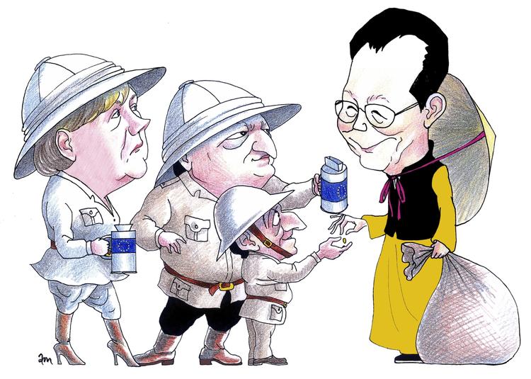 Østen. Kina kan være en ven i nøden med tanke på den græske krise i EU. 'Silkevejen' kan med fordele genoprettes. Tegning: Anne-Marie Steen Petersen 