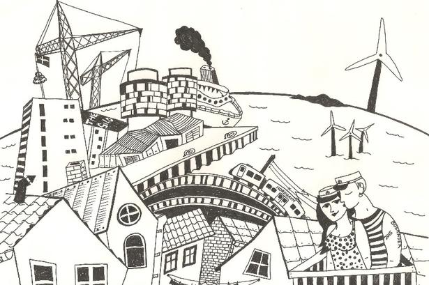 Nr. 5: Rikke Busander med denne tegning  fra en tagterrasse ud over Nordhavn. 