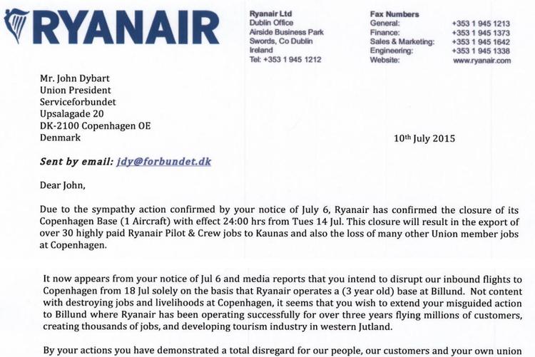 Uddrag. Ryanair har sendt et åbent brev til Serviceforbundet, hvor selskabet truer med at lukke basen i Billund. Læs hele brevet i linket i nedenstående artikel. 