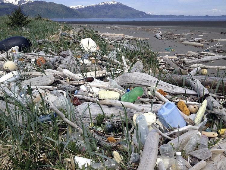 AFFALD. Skrald på stranden på Montague-øen i Alaska, hvor en del af den enorme affaldsmængde fra tsunamien i Japan i 2011 nu er skyllet i land. 
