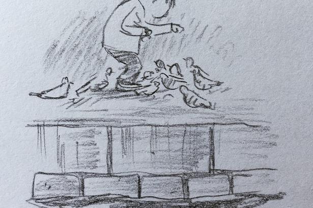 Nr. 9: Jon Skræntskov med sin tegning af en lille dreng, der fodrer fugle ved Søerne i København. 