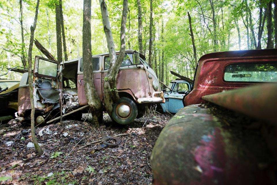 SVÆVENDE. En gammel VW-bus er blevet løftet lidt op af et træ. 
