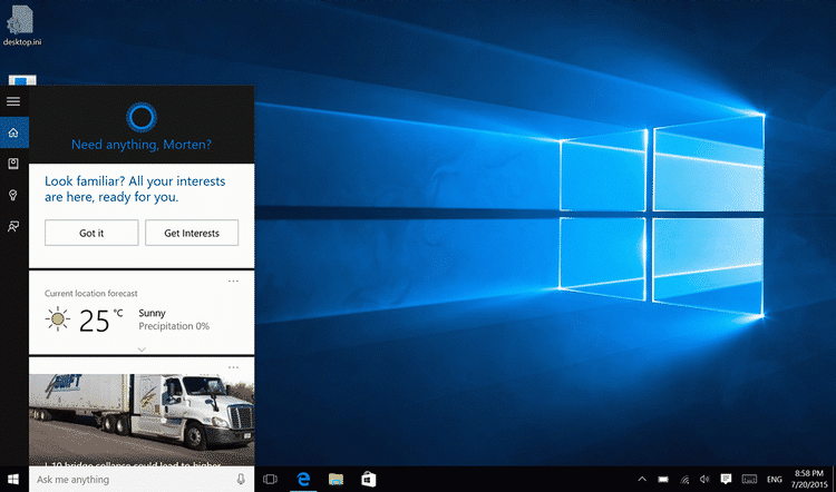 LOKALKENDT. Den nye virtuelle Windows 10-assistent, Cortana, hilser på én ved navn og kender til ens lokale kultur. Men ikke i Danmark i første omgang (Foto: Screenshot). 