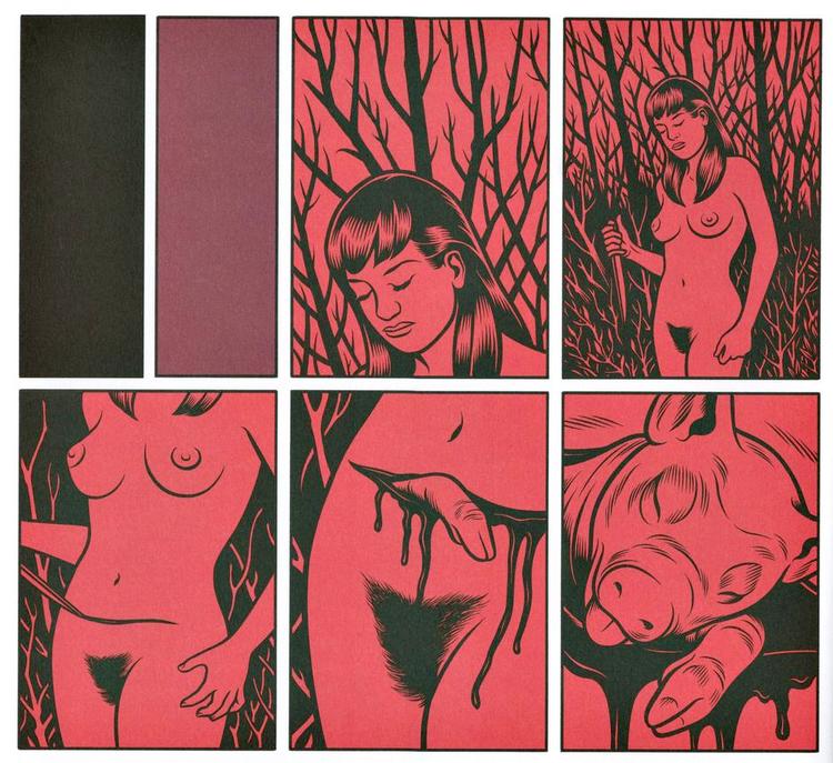 Drøm. Kæresten Sarah drømmer, at hun giver sig selv kejsersnit og føder en gris, da hun bliver uplanlagt gravid i Charles Burns' 'Kuben', som er anden del af hans graphic novel-trilogi, hvor realisme og surrealisme smelter sammen. 