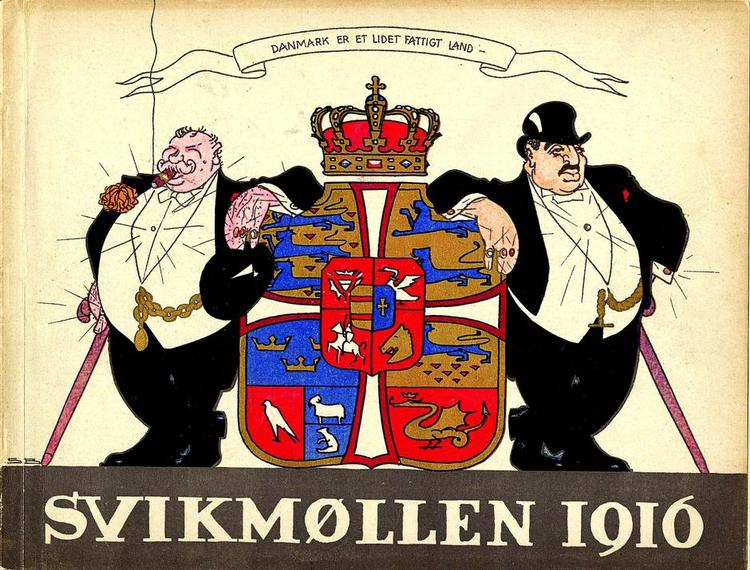 Jødehad. Forsiden af Svikmøllen i 1913 var en fremstilling af rigsvåbnet, hvor de to mænd, der flankerer det, er en storbonde og en finansjøde, der angivelig er skyld i den dyrtid, der plagede menigmand. Illustration fra 'Truet minoritet søger beskyttelse' 