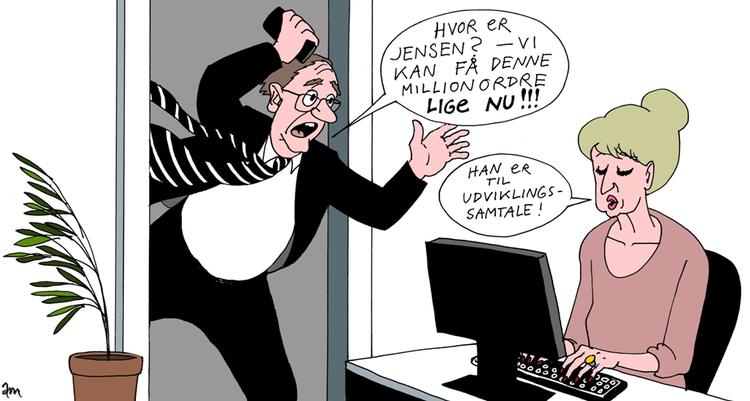 Snart bliver vi alle fri for årlige MUS-samtaler, jubler Lucy Kellaway, som ikke mener, at gode chefer har brug for evalueringssystemer. Illustration: Anne-Marie Petersen. 