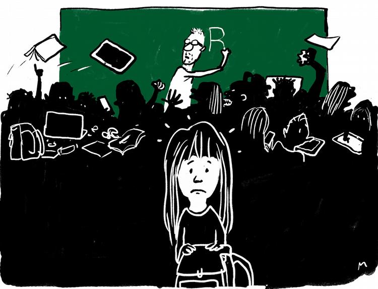 Skolestart. Det er igen begyndt at ringe ind til timer, men ikke alle trives lige godt under skolereformen. Tegning: Mette Dreyer 