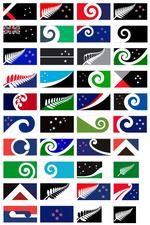 flag. Ud af de mange indkomne dessiner har man valgt de 40 pæneste, og det er blandt dem, folk nu skal vælge. Blandt disse er der sigende nok kun et, der har grafiske referencer til New Zealands tidligere relation til Storbritannien og Kronen. De øvrige boltrer sig i lokale motiver med forbindelser til historie, forestillingsverden og sligt. Herunder elementer fra den oprindelige befolknings grafiske univers og tegnunivers. 