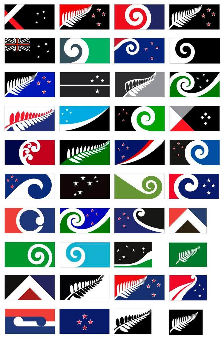 flag. Ud af de mange indkomne dessiner har man valgt de 40 pæneste, og det er blandt dem, folk nu skal vælge. Blandt disse er der sigende nok kun et, der har grafiske referencer til New Zealands tidligere relation til Storbritannien og Kronen. De øvrige boltrer sig i lokale motiver med forbindelser til historie, forestillingsverden og sligt. Herunder elementer fra den oprindelige befolknings grafiske univers og tegnunivers. 
