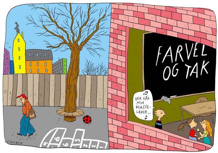 Dispositionsbegrænsning. Kan man ikke bare sige det som det er? At nogle lærere skal fyres og at penge lovet ikke er penge givet. Tegning: Jørgen Saabye 