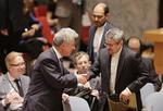 enige. Lederen af EU's delegation i FN, Thomas Mayr-Harting, og Irans FN-ambassadør, Gholamali Khoshroo, hilser på hinanden i FN-bygningen i New York i sidste måned, da sikkerhedsrådet enstemmigt blåstempler atomaftalen mellem Iran og seks stormagter. 