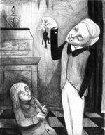 Bytte. Pigen har været hos herremanden en gang før og har forstået, at en leverance mere af dyr vil være nok til, at hun får den eftertragtede billet til amerika i bytte. Men hvem er egentlig byttet? Dyrene eller hende selv? Tegning: Rikke Villadsen 