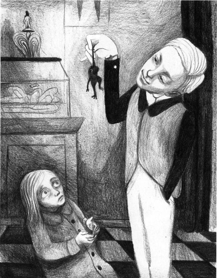 Bytte. Pigen har været hos herremanden en gang før og har forstået, at en leverance mere af dyr vil være nok til, at hun får den eftertragtede billet til amerika i bytte. Men hvem er egentlig byttet? Dyrene eller hende selv? Tegning: Rikke Villadsen 