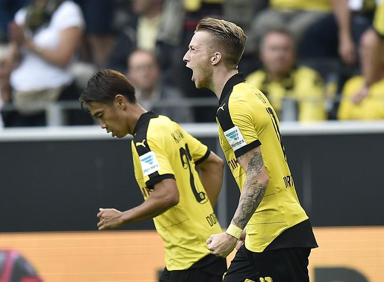 Jubel. Marco Reus leverede årets første Dortmund-mål. Der kom tre mere i dagens kamp. 