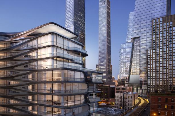 HER ses Hudson Yards og 520 West 28th street fra High Line-parken. 