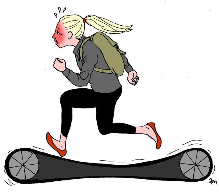 Stress. »Ingen kan være tjent med, at børn og unge allerede i en tidlig alder stifter bekendtskab med stress.« Tegning: Anne-Marie Steen Petersen 