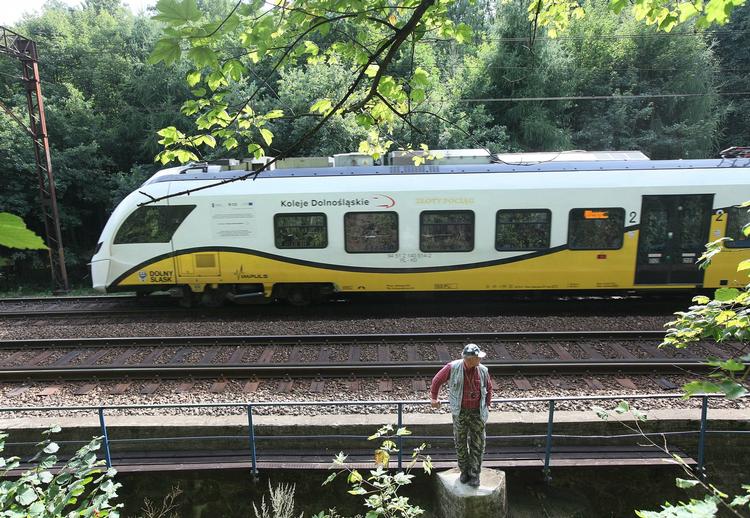 Overrendt. En mand står ved skinnerne i det område, hvor skattejægere påstår at have fundet et tog fra nazitiden fyldt med skatte. Det har fået skattejægere og turister til at valfarte til den polske by. 