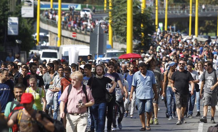 vandring. Migranter og flygtninge gør langs de ungarnske motorveje på vej til Østrig og Wien. 