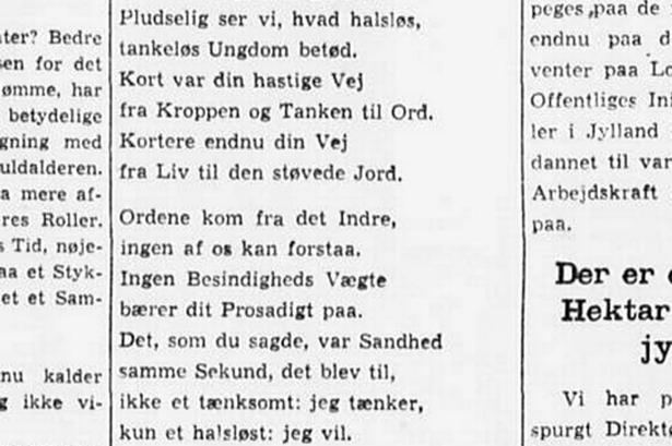 UBESINDIG. Et af de mest holdbare dødedigte stod oprindelig i avisen som en beskeden en-spalter. Tom Kristensens hyldest til Gustaf Munch-Petersen, dræbt i den spanske borgerkrig, fik raffineret kædet den unge digters livgivende poesi sammen med den aktivisme, der kostede ham livet. Digtet blev bragt i september 1938. 