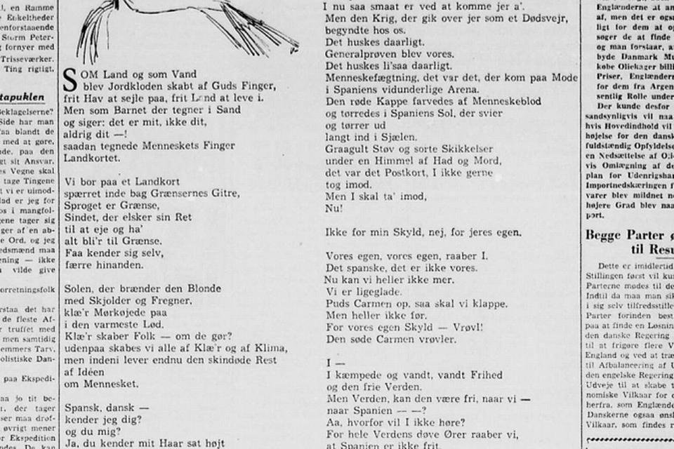BEFRIELSE. Året er 1947. Anden Verdenskrig er overstået. Vel er den ej, siger Kjeld Abell. Med Francos kup begyndte elendigheden. Først når Francos diktatur er udryddet, er krigen forbi, formaner digteren. Bragt 1. januar 1947. 