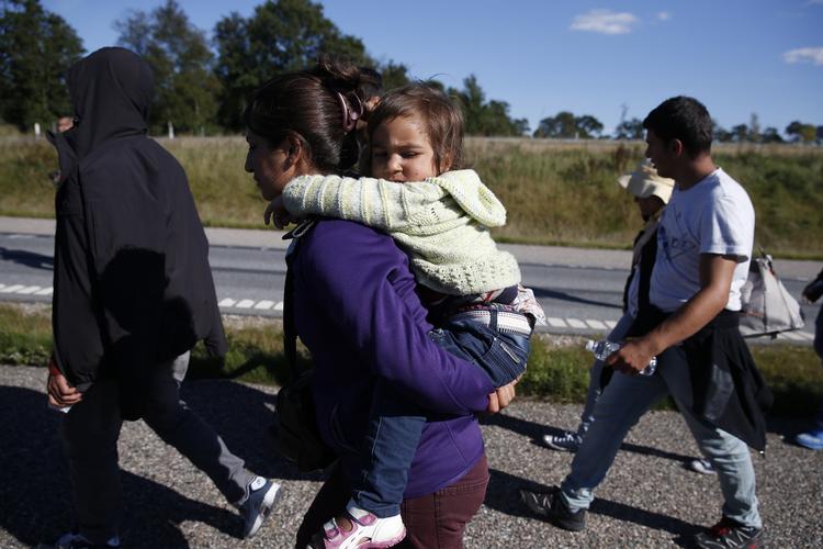 vandring. Flygtninge går på motorvej E45 fra Padborg. 