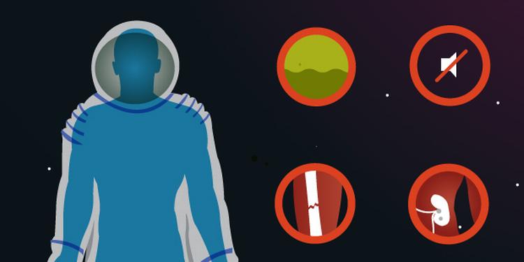 Rumsyge. Når Andreas Mogensen kommer hjem efter ti dage i rummet, vil det kunne mærkes på hans krop. Balancesans, synssans, knogler og muskler vil være hårdt påvirkede af af have været i vægtløs tilstand. Illustration: Morten Fogde 