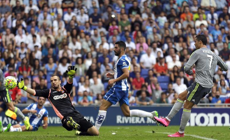 Målhumør. Cristiano Ronaldo var helt ustyrlig i kampen mod Espanyol og scorede fem mål. 
