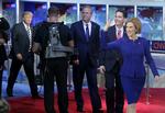 Kandidater. Efter debatten lignede Carly Fiorina én, der godt vidste, at hun havde haft en god aften. Donald Trump (længst til venstre) havde knap så meget overskud. 
