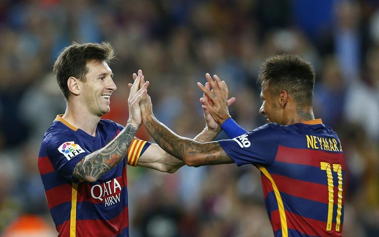 MÅLSCORERE. Tre af Barcelonas mål blev scoret af Lionel Messi (tv.) med to og Neymar (th.). 