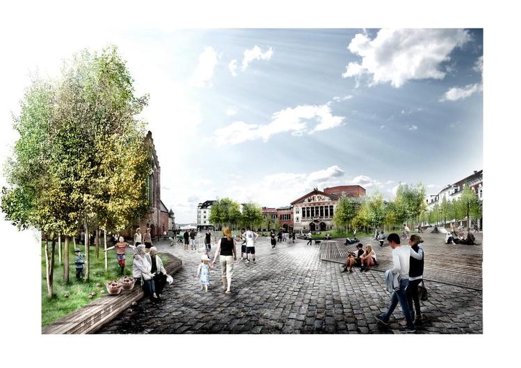 Grønt. På Bispetorv i Aarhus etablerer tegnestuen Schønherr nu lunde og grønne øer med træer, placeret i et skrånende trædæk, som vil »skylle som en bølge fra øverste terræn ned over torvet« ifølge arkitekterne. Illustration: Schonherr 