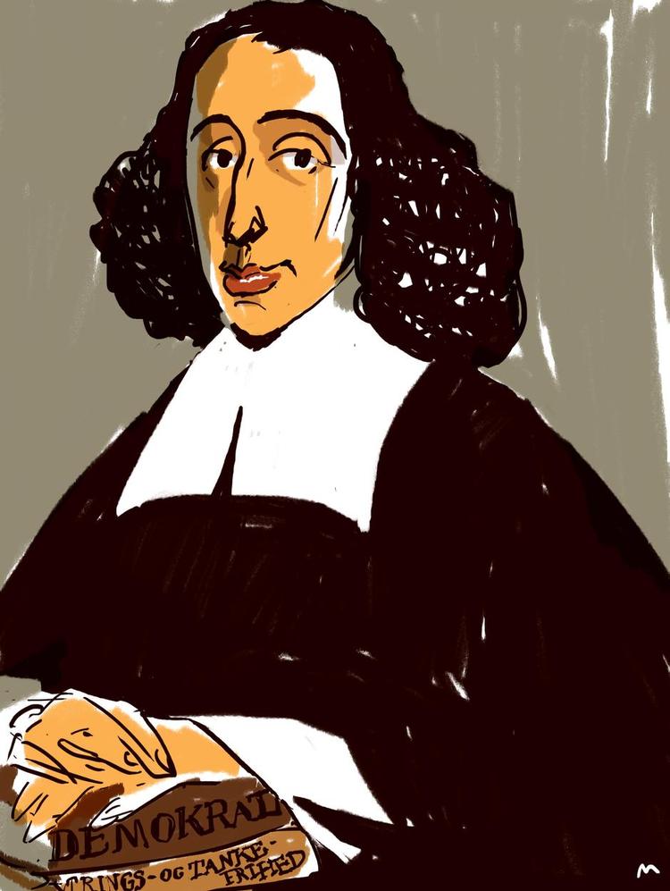 Helt. Spinoza er blevet opdaget som oplysningstidens sande helt. Tegning: Mette Dreyer. 