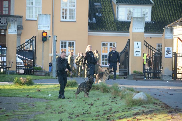 INDSATS. Politi med hunde ud for asylcenteret efter nattens drabsforsøg. 
