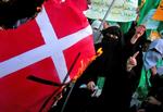 Protest. I februar 2006 opstod der i Mellemøsten adskillige demonstrationer mod Danmark med blandt andet afbrænding af dannebrog, Her er det en demonstration i Palæstina. 