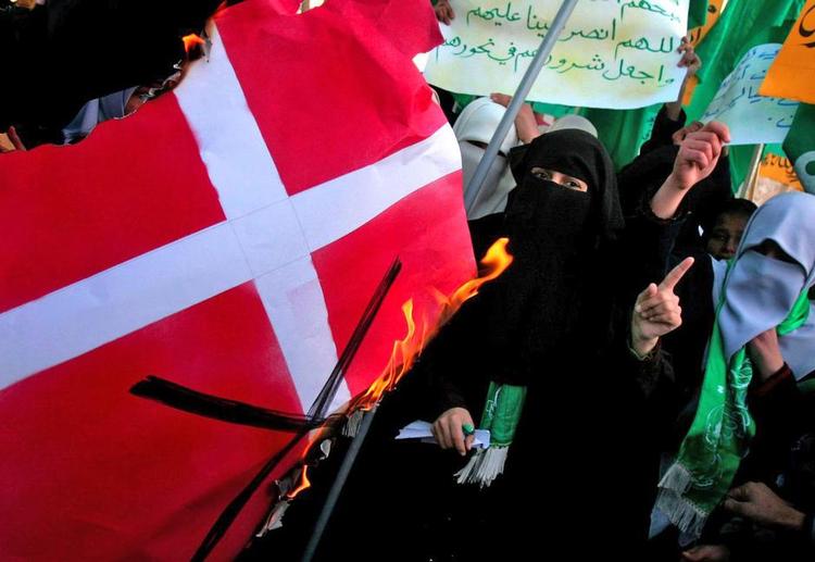Protest. I februar 2006 opstod der i Mellemøsten adskillige demonstrationer mod Danmark med blandt andet afbrænding af dannebrog, Her er det en demonstration i Palæstina. 