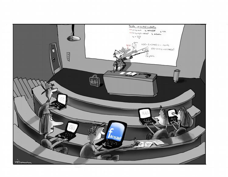 Undervisning. Skal man have noget ud af undervisningen, kan man ikke bruge tid på alt muligt andet. Nogle undervisere har også ligefrem forbudt computere, mens andre vil lade det være de studerendes eget ansvar. Tegning: Jørn Villumsen 