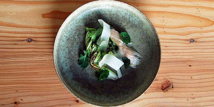 Norsk. Når restauranten Naert åbner er det retter som denne - saltet og grillet hellefisk med kinakål, løvstikke og surmælk - gæsterne kan opleve. 