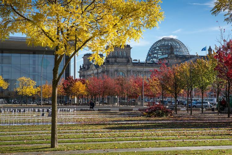 KULØRT. Berlin iklæder sig smukke efterårsfarver, her ved Rigsdagen. Det kan bare blive  dyrt at opleve dem i uge 42. 