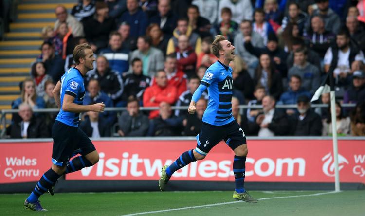 MÅLSCORERE. I 2-2-kampen mod Swansea scorede Harry Kane (tv.) og Christian Eriksen (th.) til sammen tre gange. 