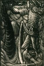 Streg. Herover illustration til Ole Restrup 'Odin og Tor. Vikingeguder fra Eddaernes verden'. Illustrationer fra bogen 