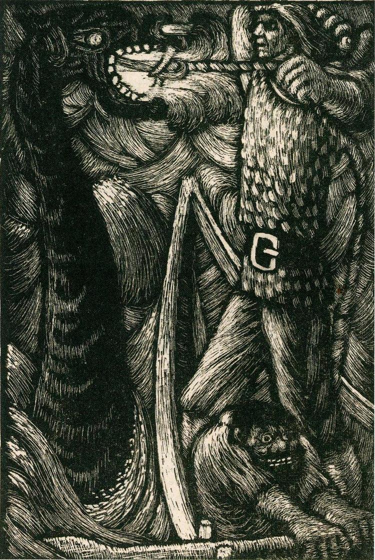 Streg. Herover illustration til Ole Restrup 'Odin og Tor. Vikingeguder fra Eddaernes verden'. Illustrationer fra bogen 